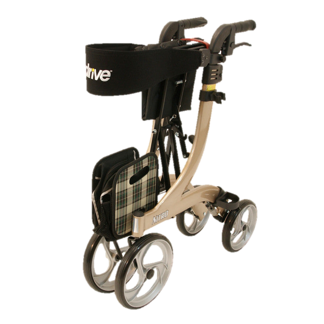 Deze foto van de Drive nitro rollator laat de rollator in opgevouwen staat zien. Ook deze heeft een champagne kleur.