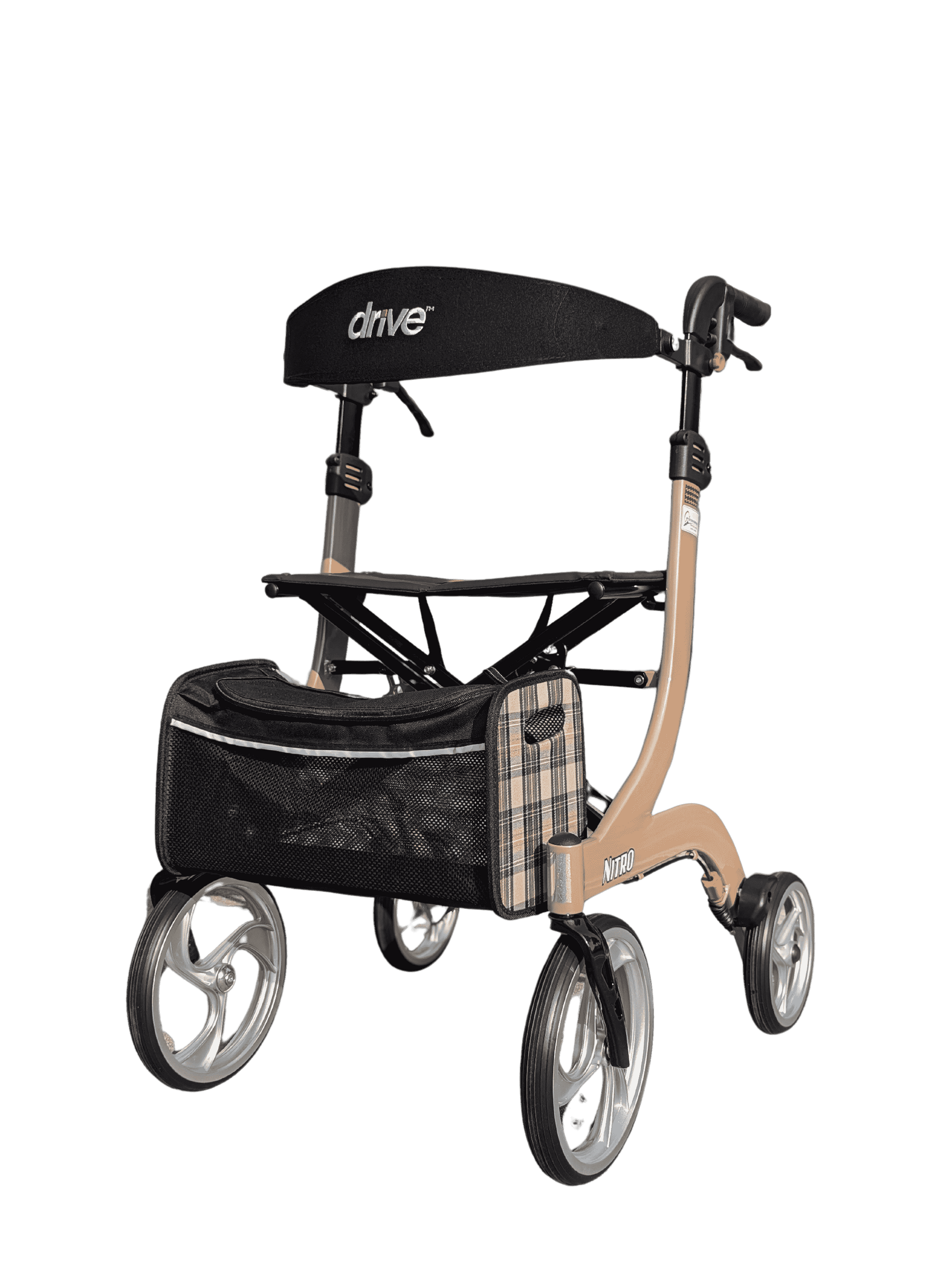 Eenzelfde champagnekleurige rollator, maar een groter model voor de langere mensen. Een rugsteun en zitje toegevoegd. Ook een zachte mand voorop die eraf gehaald kan worden. Grote rubberen wielen en remmen.