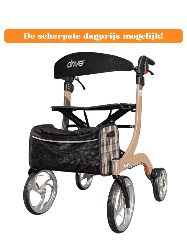 champagne kleurige rollator met vier rubberen banden. Een rugsteun en een mand/ zak voorop. In hoogte verstelbaar. Grote banden en een plek om op te zitten. Met een tekst bovenaan die aangeeft dat dit de scherpste dagprijs mogelijk is.